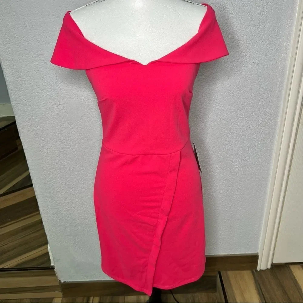 New! The Vanity Room Off the Shoulder Bodycon Barbiecore Pink Midi Dress Sz S